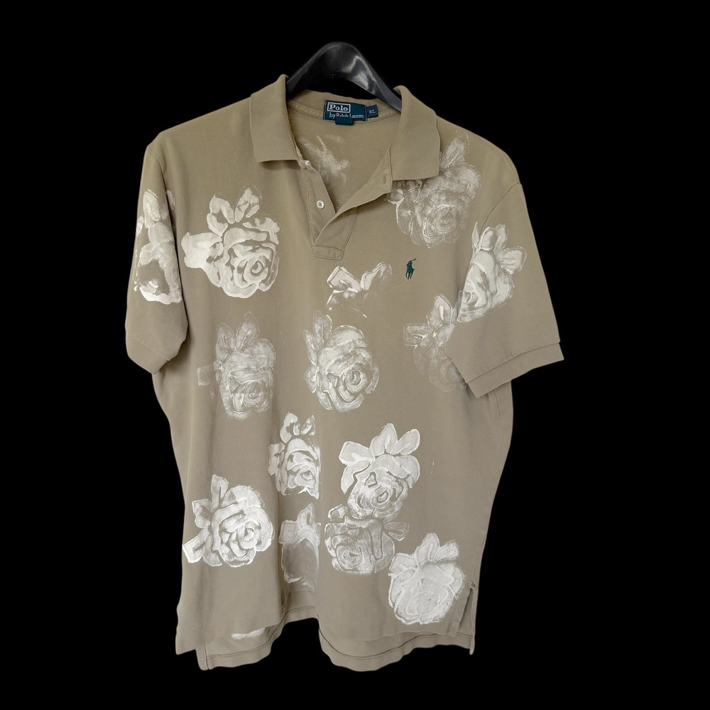 90's Polo Ralph Lauren XL‎ Tan Floral Rose Hand Painted Polo Shirt Green Pony